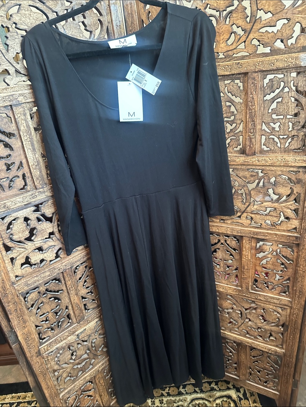 Magaschoni Black Long Sleeve Flared Midi Dress